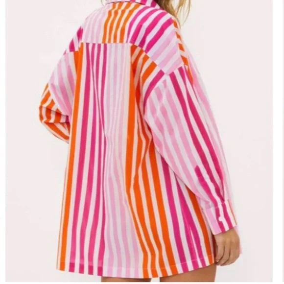 Beach Riot Pink Orange Striped Beach Resortwear Button Down Cover Up Shirt Sz PL - Picture 3 of 11